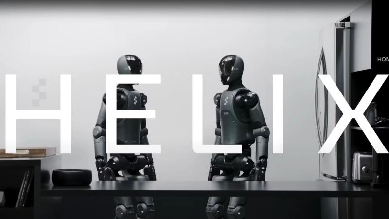 Editorial image representing Figure humanoid robots coordinating household tasks in a bedroom.