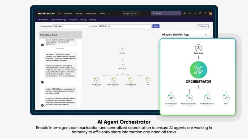 Editorial image representing enterprise service software with AI agents operating across incidents, assets, and employee workflows.