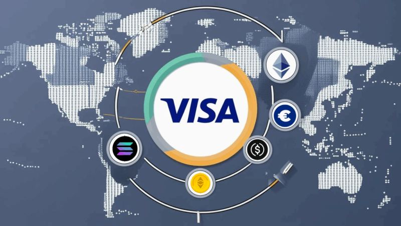 Stablecoin and blockchain settlement illustration for Visa's multi-chain expansion.