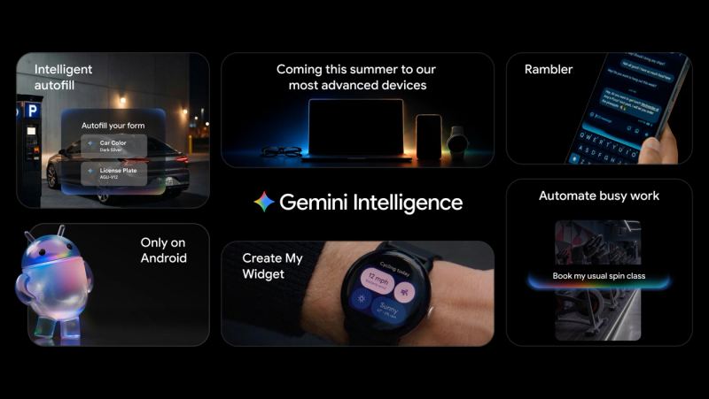 Gemini Intelligence promotional image showing Android AI features across devices.