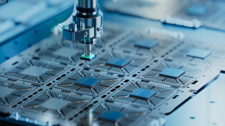 Illustration of AI servers, advanced chip packaging, and rack-scale compute infrastructure tied to Taiwan manufacturing.