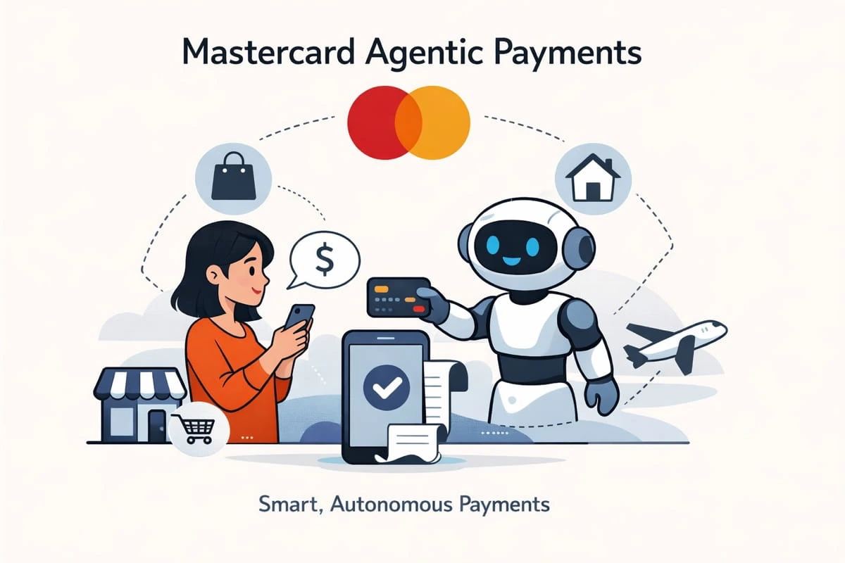 Mastercard agentic commerce artwork representing AI shopping agents, trust controls, and payment infrastructure.