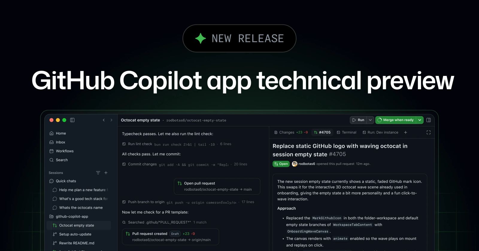 GitHub Copilot app interface showing an agentic desktop coding workspace.