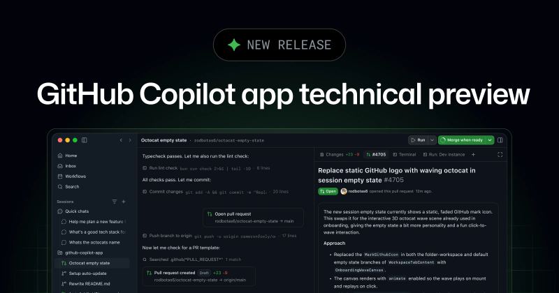 GitHub Copilot app interface showing an agentic desktop coding workspace.