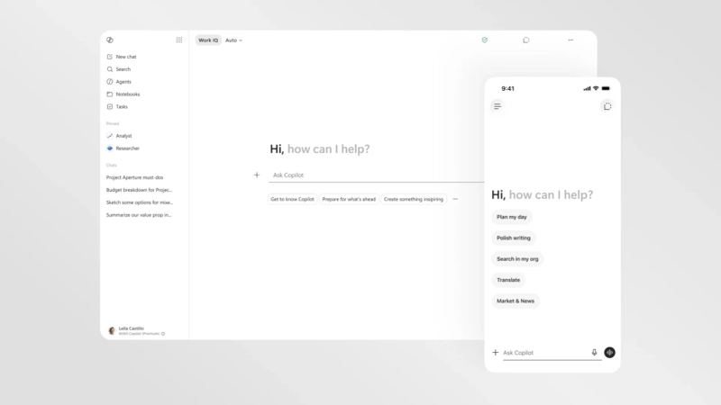 Editorial visual for Microsoft 365 Copilot redesign and agentic workflow software.