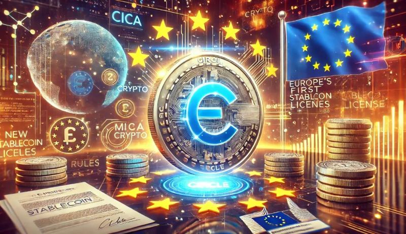 Illustration of regulated euro and dollar stablecoins moving through a European digital finance network.