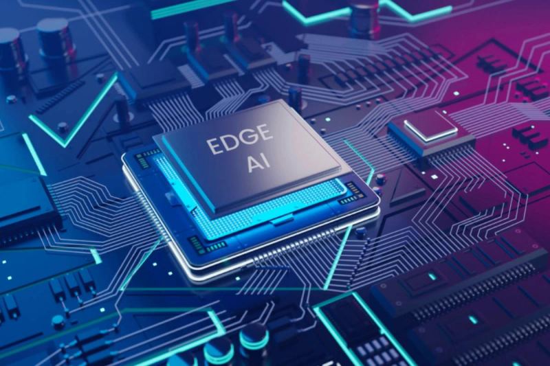 Illustration of an edge robotics processor coordinating vision, inference, and motion control on one chip.
