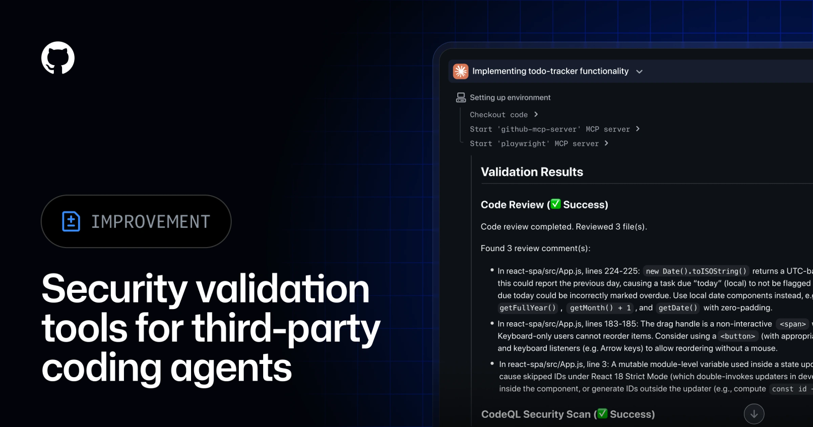 GitHub changelog visual for security validation of third-party coding agents.