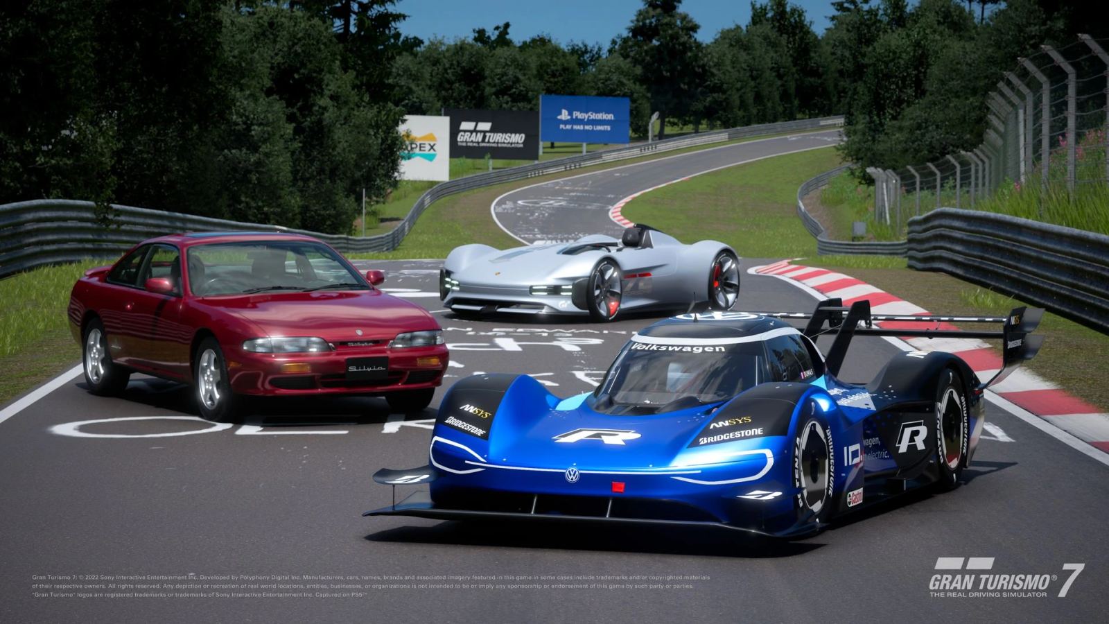 Hypercars from the Le Mans field inside Gran Turismo 7 on a modern racing circuit