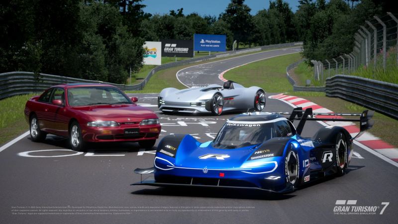 Hypercars from the Le Mans field inside Gran Turismo 7 on a modern racing circuit