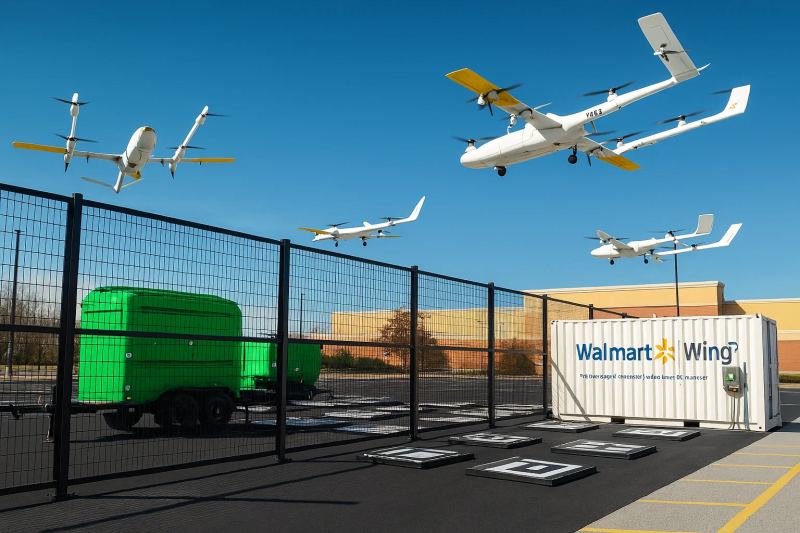 Wing drone delivery aircraft carrying a retail order for Walmart customers
