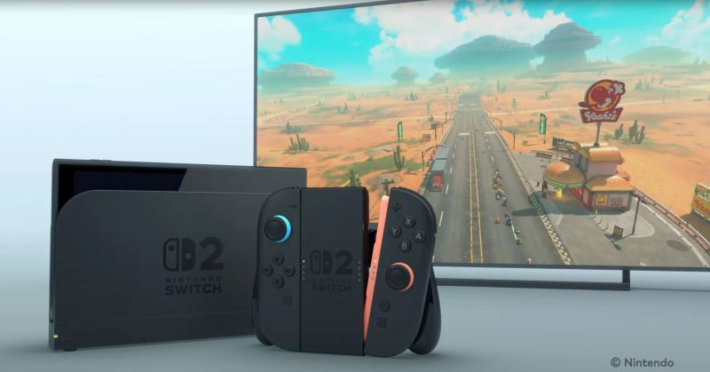 Nintendo Switch 2 console on a retail display with game cases and sales charts