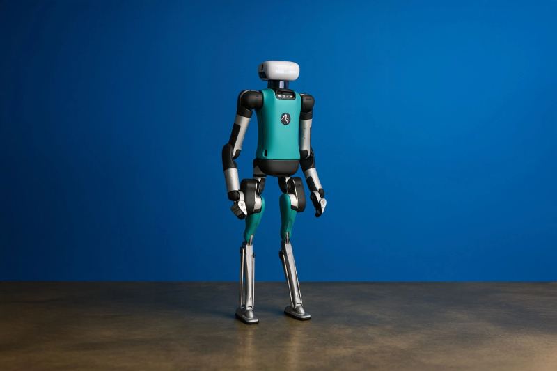 Illustration representing industrial humanoid robots in warehouse and manufacturing settings
