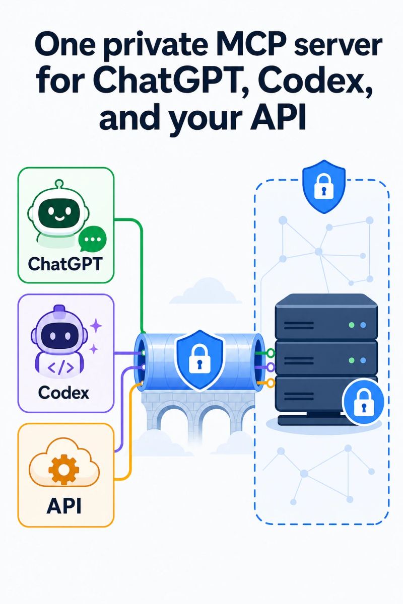 Illustration representing a secure outbound software tunnel connecting private tools to AI products