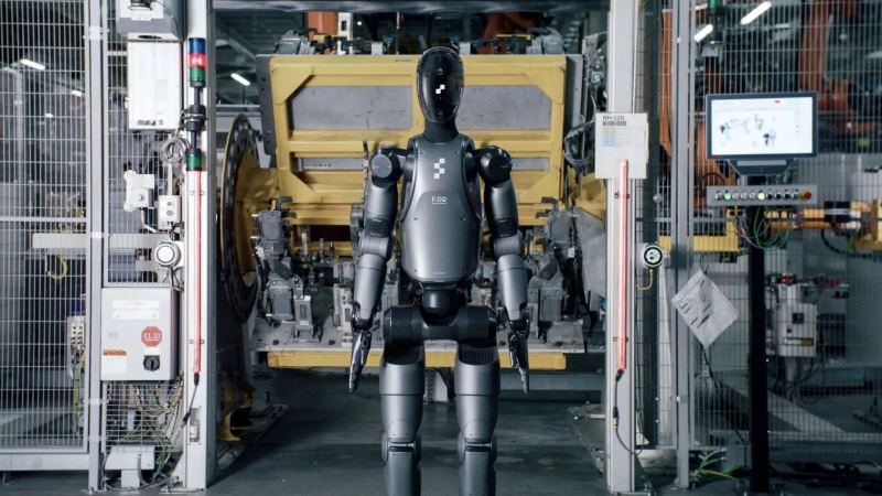 Illustration representing humanoid robots moving from prototype stage into scaled production