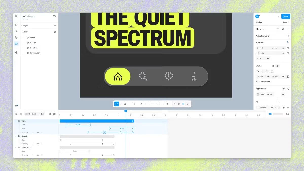 Figma Motion timeline and design canvas interface