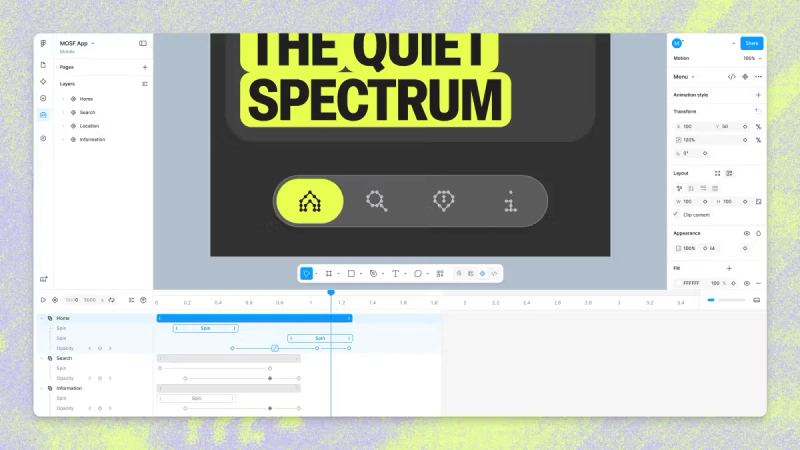 Figma Motion timeline and design canvas interface