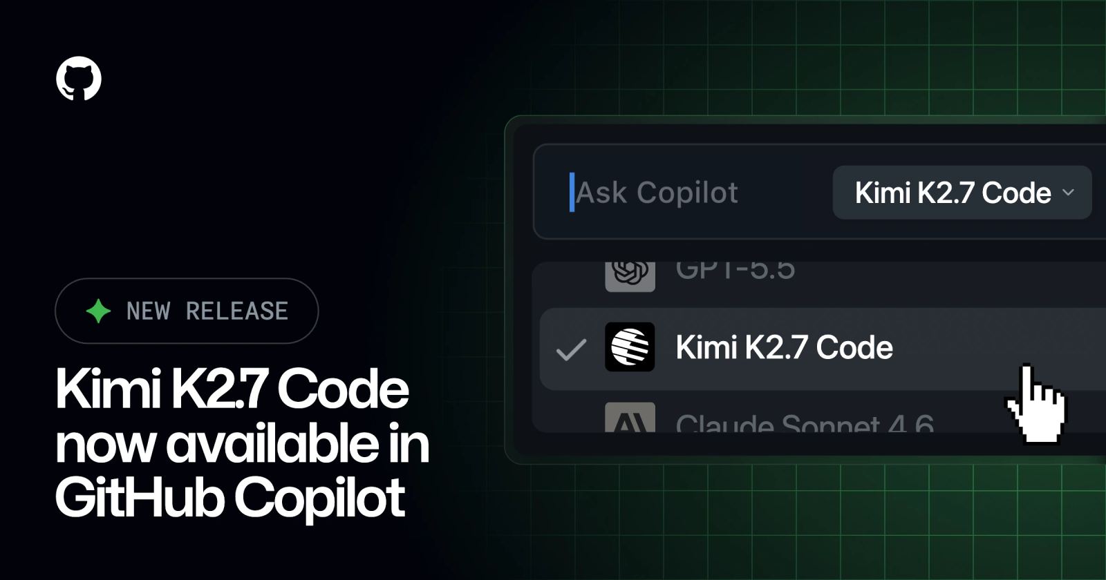 GitHub Copilot model picker showing Kimi K2.7 Code