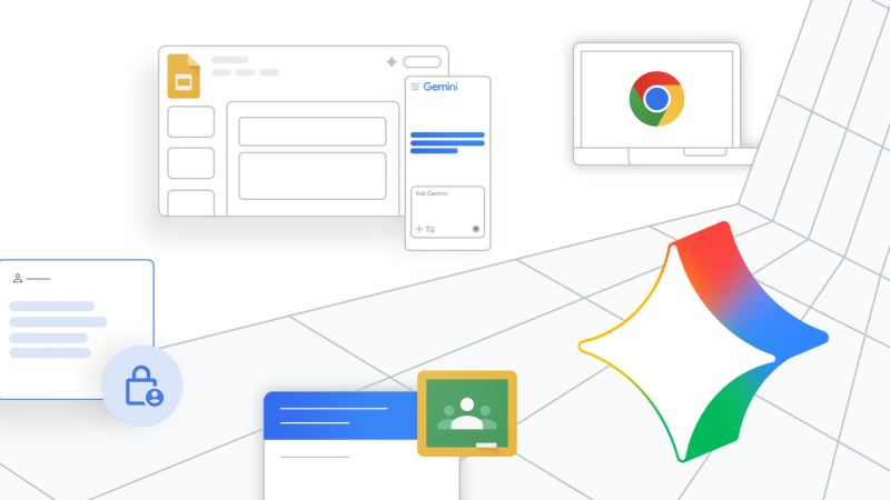 Illustration showing Google education AI tools including Gemini and Classroom workflows