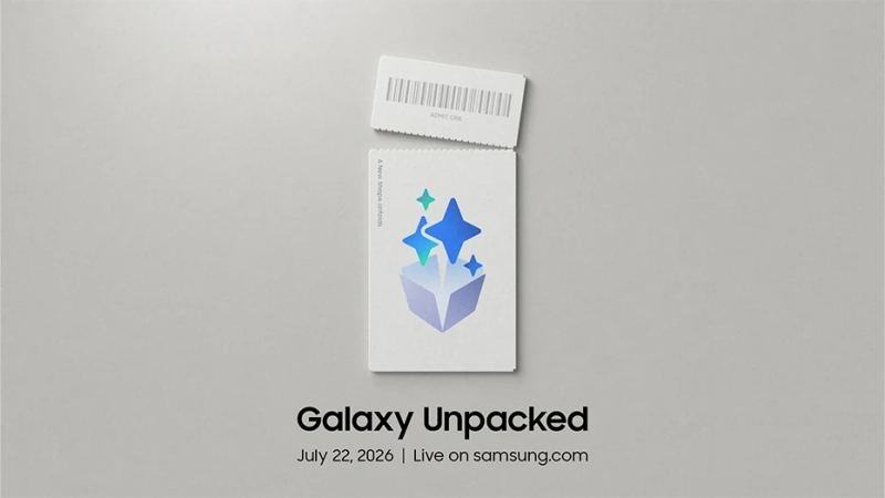 Приглашение на Samsung Galaxy Unpacked, июль 2026 г., рекламирующее новые складные устройства Galaxy AI