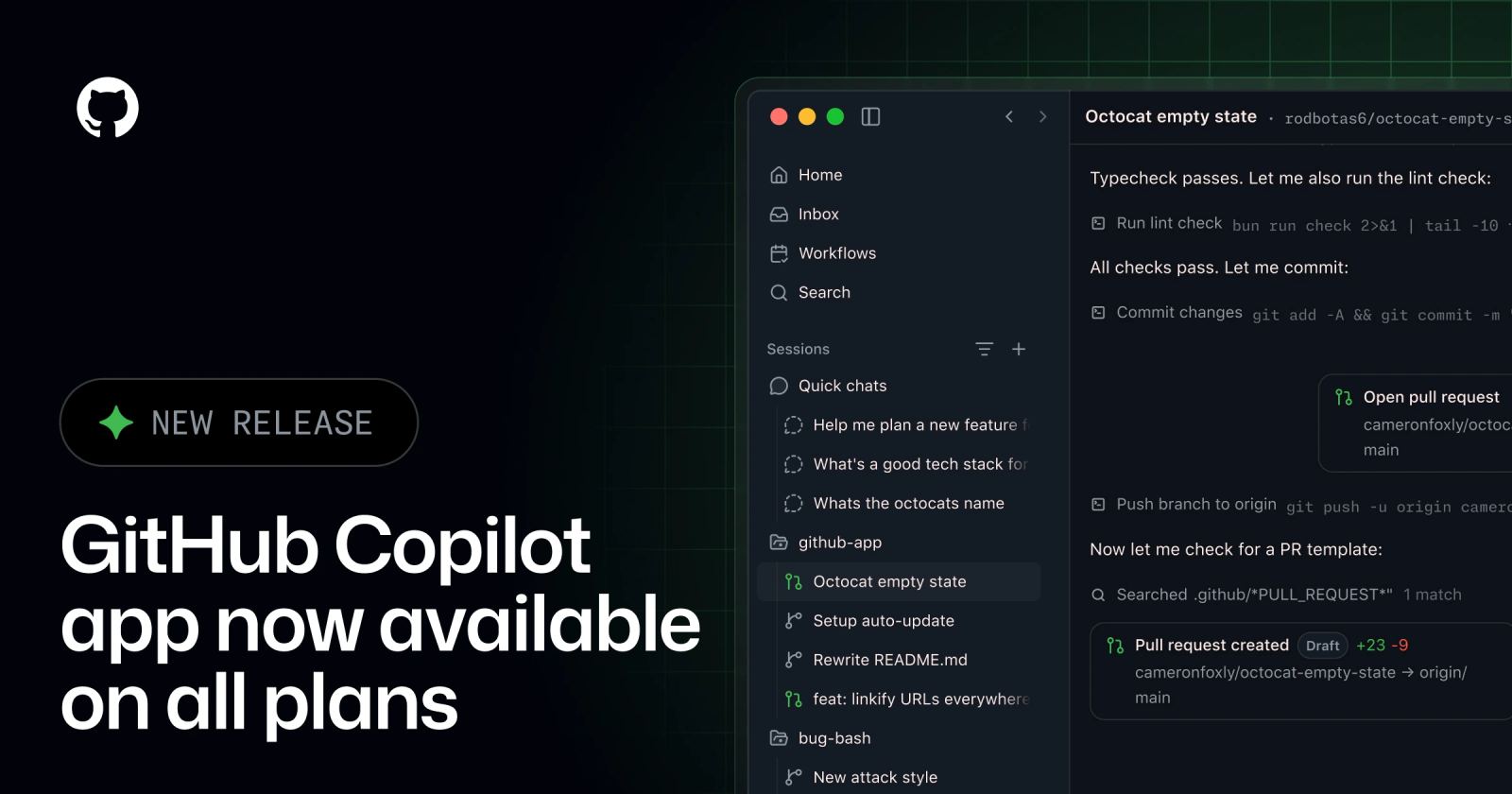 GitHub Copilot desktop app running an agent session