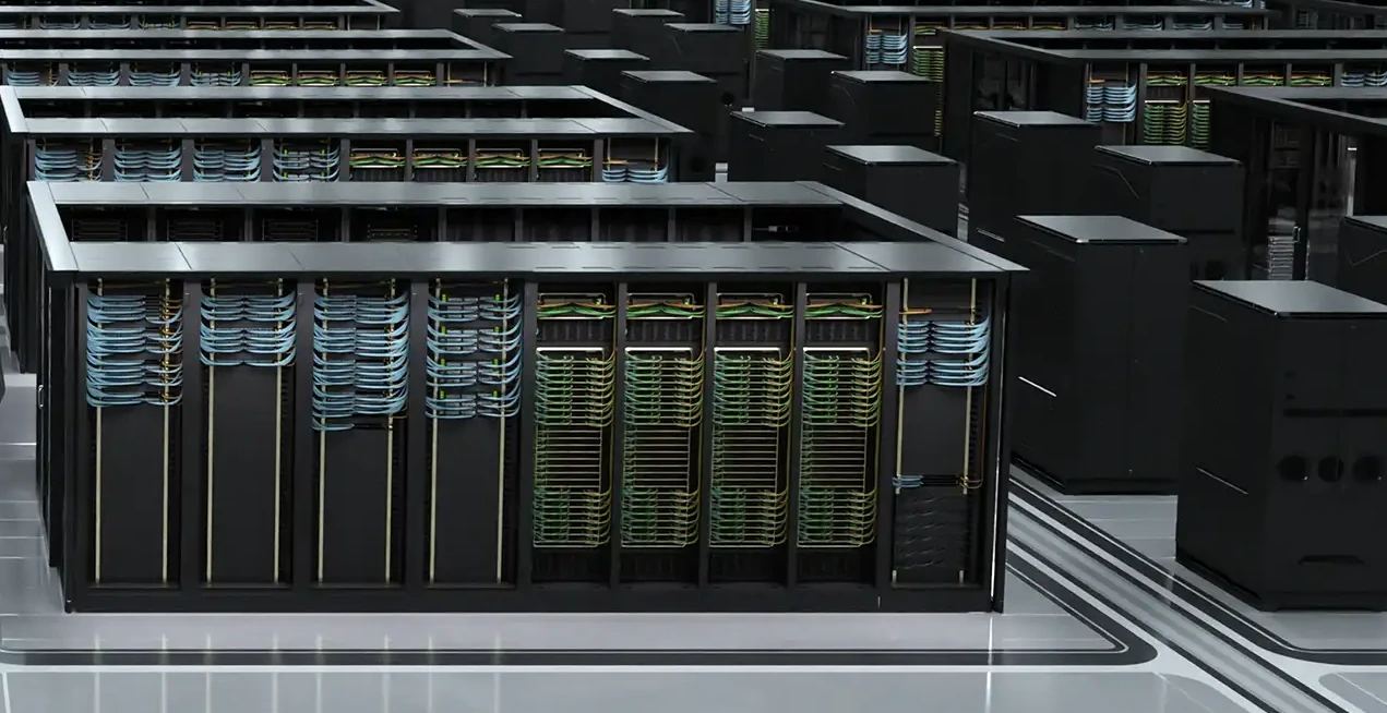 AI infrastructure artwork showing large-scale data center hardware and industrial robotics compute.