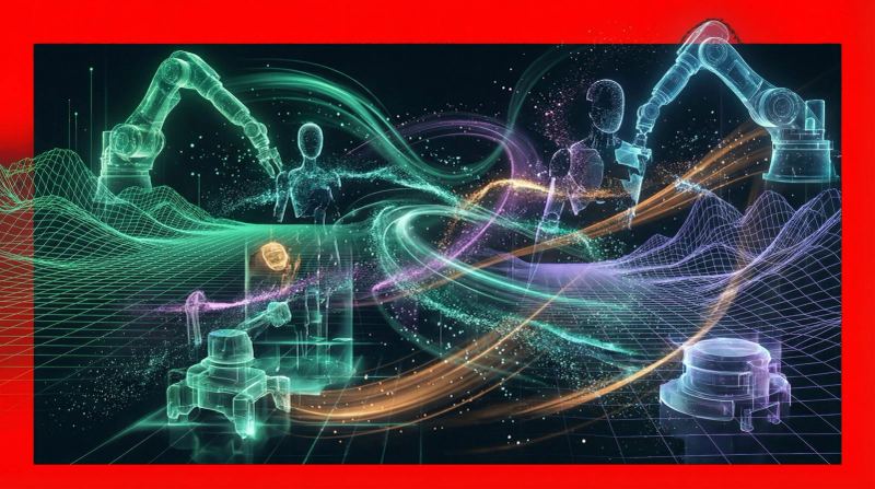 Robotics and edge AI artwork showing industrial robots, autonomous machines and simulation-driven deployment.