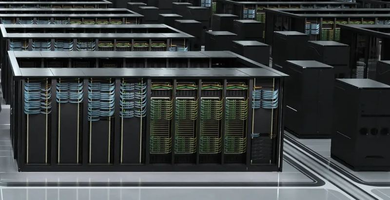 Obra de arte de infraestructura de inteligencia artificial que muestra hardware de centro de datos a gran escala y computación de robótica industrial.