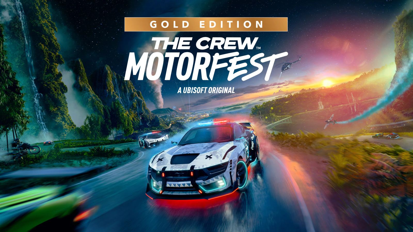 Racing-game artwork showing The Crew Motorfest expanding onto Nintendo Switch 2 with cross-platform style play.