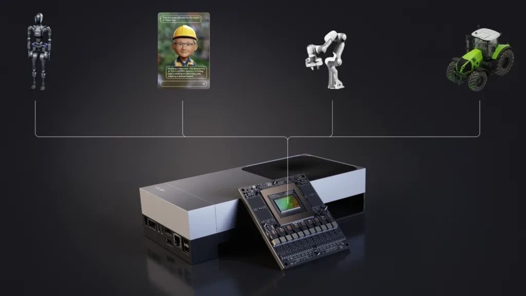 Industrial robot using edge AI vision and policy models on an embedded robotics computer.