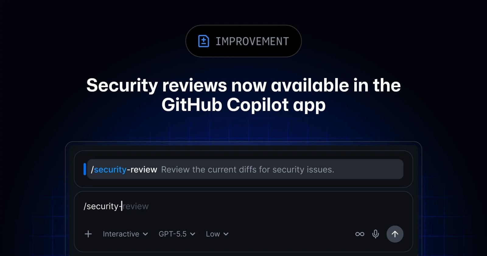 GitHub Copilot app security review command in a developer workflow.
