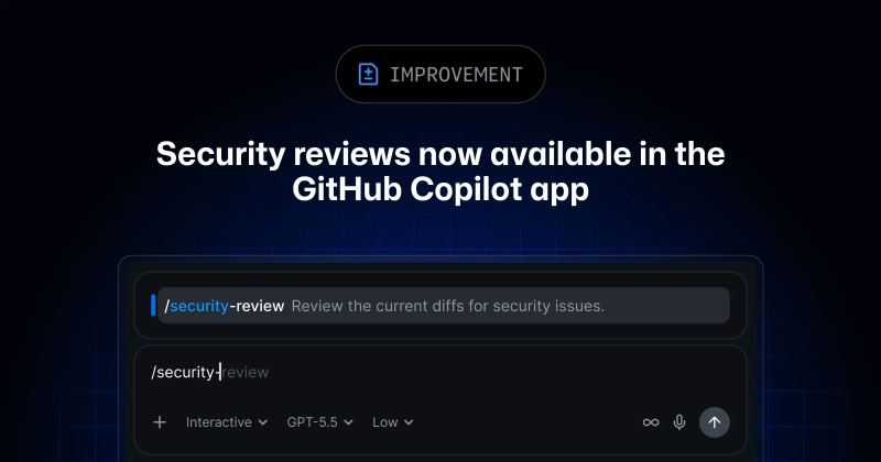 Comando de revisión de seguridad de la aplicación GitHub Copilot en un flujo de trabajo de desarrollador.