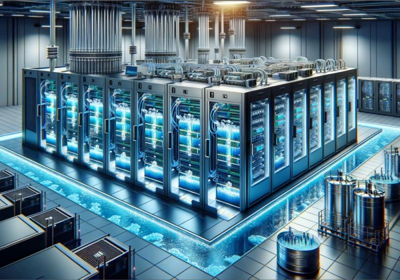 Racks de servidores de IA con refrigeración líquida que representan hardware de centro de datos de alta densidad y eficiencia hídrica.