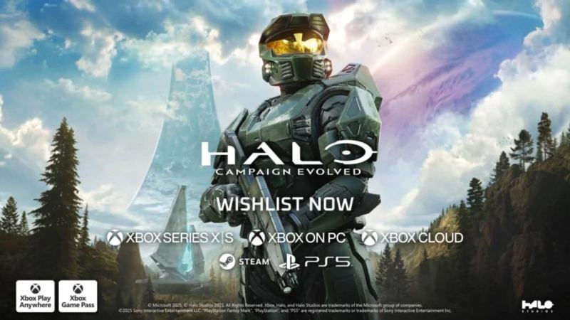 Master Chief standing between Xbox, PC and PlayStation launch screens
