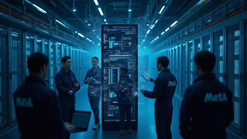 Engineers reviewing AI infrastructure in a blue-lit server room.