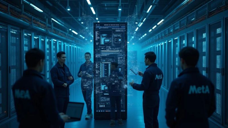 Инженеры проверяют инфраструктуру искусственного интеллекта в серверной комнате с синим освещением.