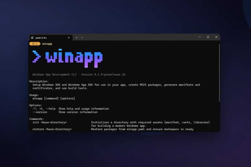 Windows App Development CLI shown in a terminal workflow.