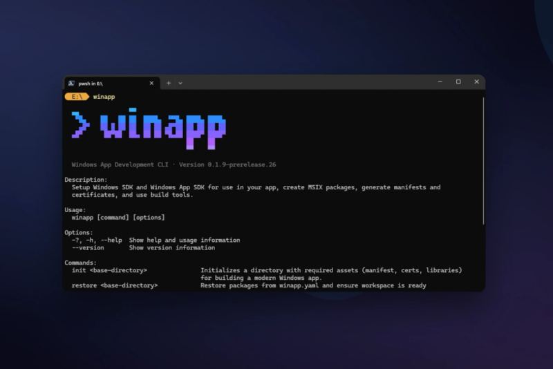 Windows App Development CLI in einem Terminal-Workflow dargestellt.