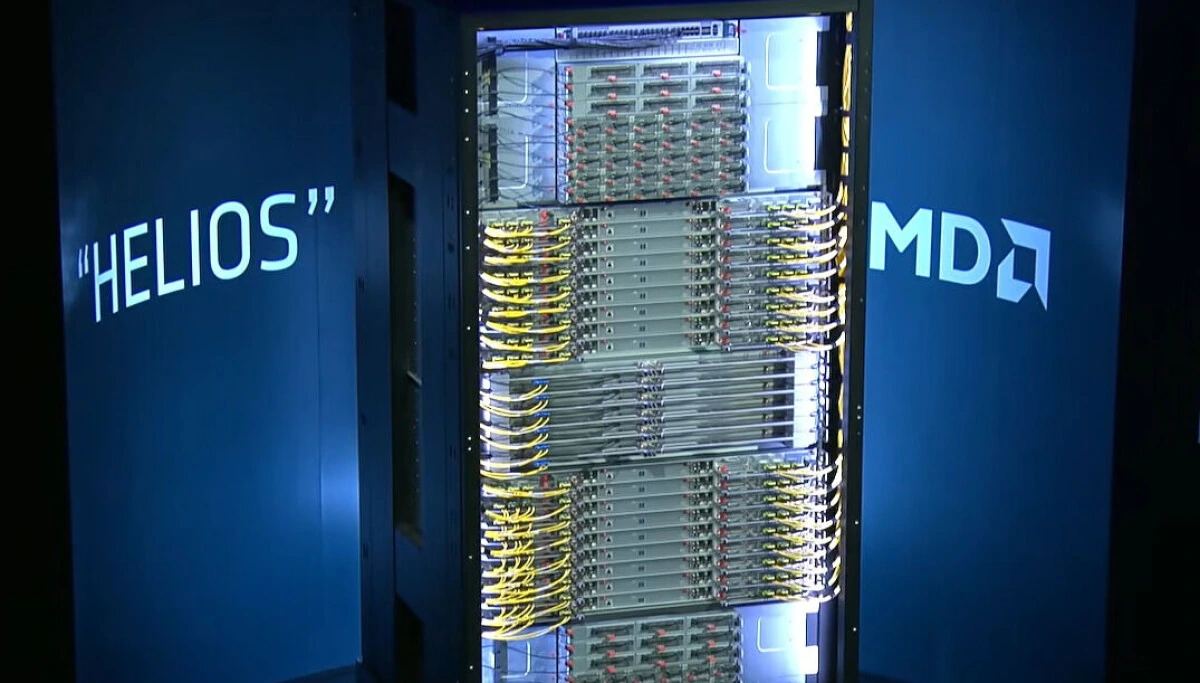 AMD Helios rack-scale AI infrastructure with GPUs, CPUs, networking, and cooling integrated into a data-center rack.