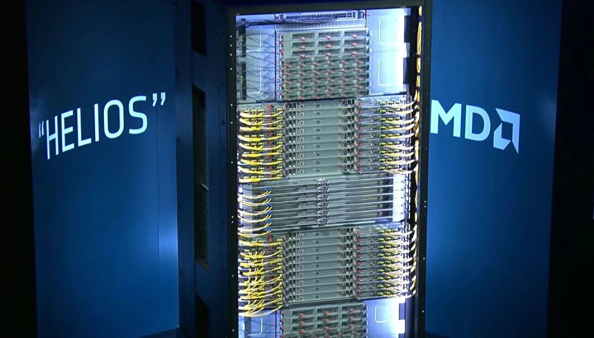 AMD Helios KI-Infrastruktur im Rack-Maßstab mit GPUs, CPUs, Netzwerk und Kühlung, integriert in ein Rechenzentrums-Rack.