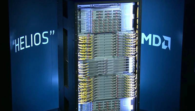 Инфраструктура искусственного интеллекта AMD Helios в масштабе стойки с графическими процессорами, центральными процессорами, сетями и системами охлаждения, интегрированными в стойку центра обработки данных.