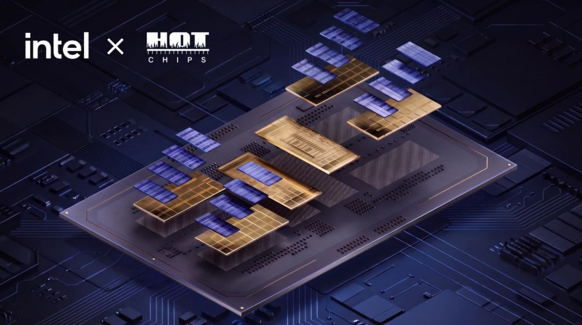 Intel and Hot Chips graphic showing a processor package on a dark background.