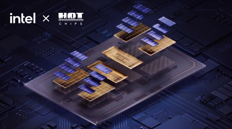 Intel and Hot Chips graphic showing a processor package on a dark background.