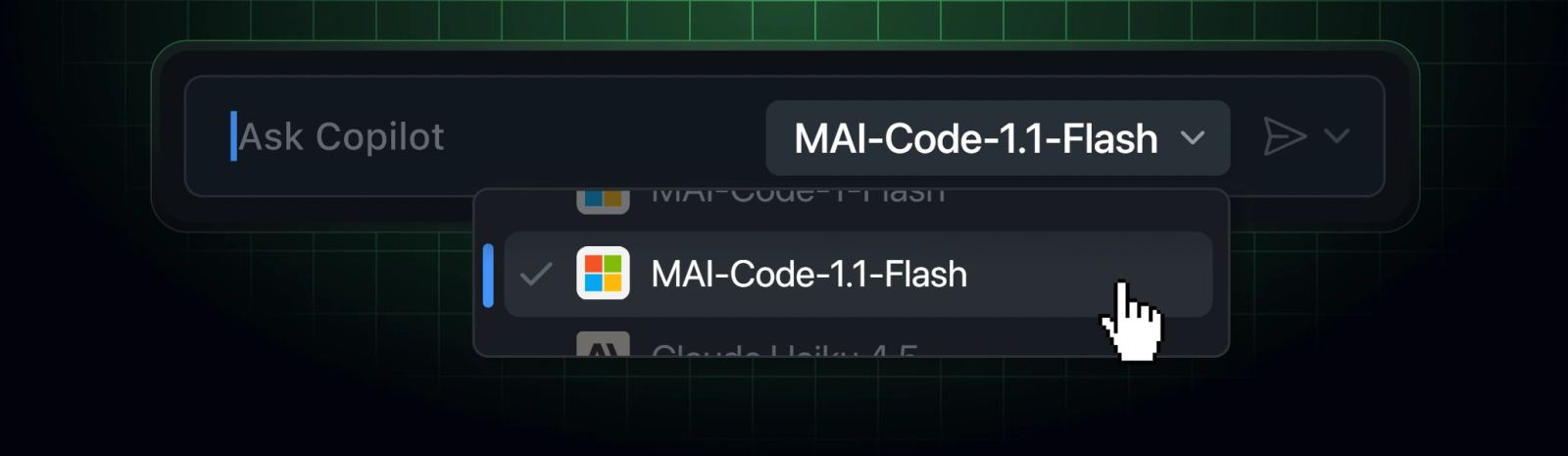 GitHub Copilot model picker showing MAI-Code-1.1-Flash.