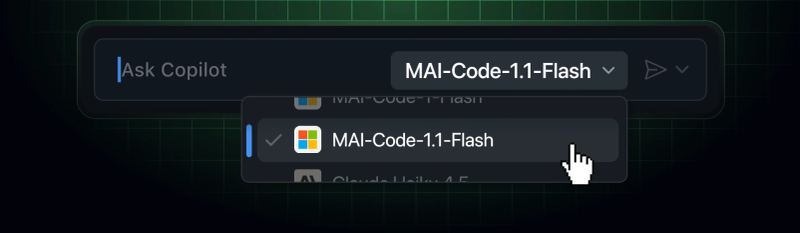GitHub Copilot model picker showing MAI-Code-1.1-Flash.