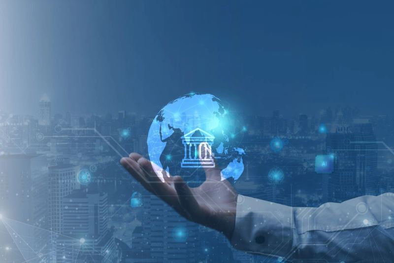 A split-screen graphic showing a digital banking interface on the left, a rising bar chart representing debt costs in the center, and an Ethereum logo with network nodes on the right, symbolizing the three key fintech trends.