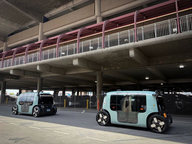Zoox purpose-built autonomous electric robotaxi operating at Harry Reid International Airport
