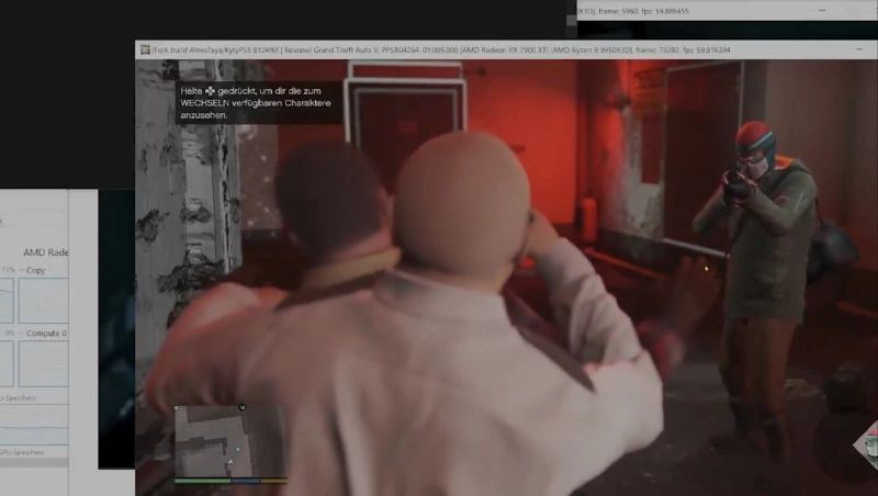 In-game rendering capture of high-speed urban gameplay from Grand Theft Auto V running under PC emulation