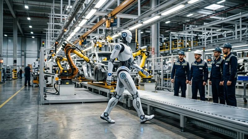 Full-body view of the XPeng Iron bipedal humanoid robot standing in the newly commissioned automated assembly center.