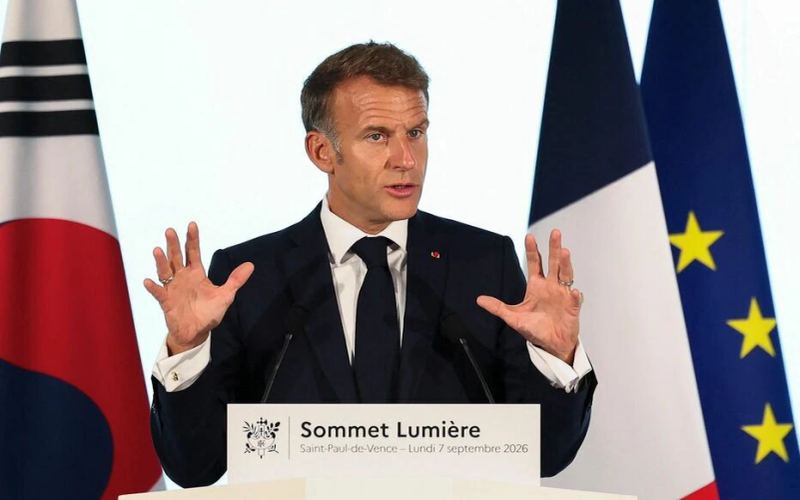 French President Emmanuel Macron speaking at the creative industry Sommet Lumière in France.